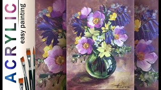 Wild roses amp bluebells in glass vase 🎨 ACRYLIC How to paint flower bouquet Tutorial DEMO [upl. by Rialcnis]