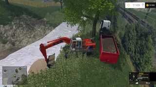 Farming Simulator 2015  HITACHI FH200  Renault Premium Lander  Volvo FH Abrollkipper [upl. by Yrmac]