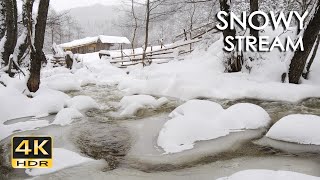 4K HDR Snowy Stream  Winter Forest Scenery amp Brook Sounds  Snowfall amp Flowing Water  Relax Sleep [upl. by Zeugirdor390]