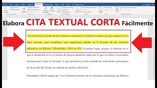 CÓMO HACER UNA CITA TEXTUAL CORTA  MUESTRO EJEMPLO  NORMAS APA [upl. by Suivatnod]