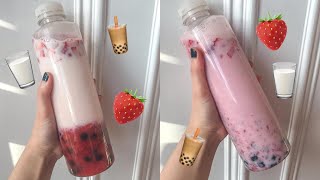 easy fresh strawberry milk boba 🍓🥛 [upl. by Refynnej]