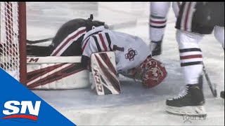 Niagara IceDogs Goalie Tucker Tynan Suffers Gruesome Injury [upl. by Neersin]