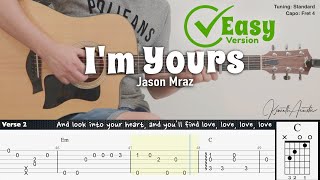 Im Yours Easy Version  Jason Mraz  Fingerstyle Guitar  TAB  Chords  Lyrics [upl. by Manny]