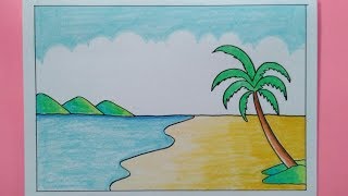 How To Draw A Sea Beach Scenery  Easy Drawing [upl. by Aylatan]