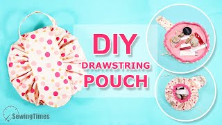 DIY ROUND DRAWSTRING POUCH  Portable Makeup Bag Easy Tutorial sewingtimes [upl. by Ibbob]