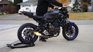 Yamaha MT07 Akrapovic Cold start  Revs  Fly by LOUD [upl. by Ymaj]