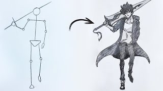 How to draw Sung Jinwoo full body out of stick man  Solo Leveling  Anime drawing step by step [upl. by Sheryl]