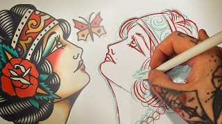 How to SKETCH a girl face Traditional Tattoo Design [upl. by Idram]