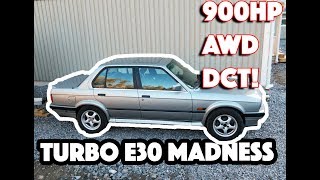 INSANE 900hp BMW M50 Turbo E30 with AWD and 7spd dual clutch transmission DCT conversion [upl. by Solracsiul101]