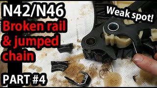 Inspecting the broken chain slide rail guide  BMW N42N46 Chain Rail Replacement PART 4 [upl. by Queen]