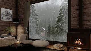 Cozy Cabin Ambience with Crackling Fireplace and Winter Blizzard Sounds for Sleep Study and Relax [upl. by Kirtap]