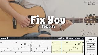 Fix You  Coldplay  Fingerstyle Guitar  TAB  Chords  Lyrics [upl. by Prisilla]