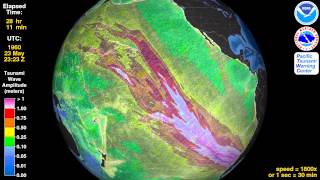 Tsunami Animation Valdivia Chile 1960 rotating globe [upl. by Etyam]