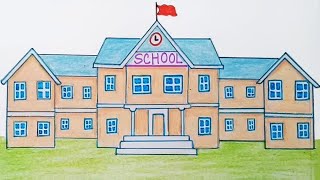 How to draw a school step by step very easy [upl. by Akiwak]