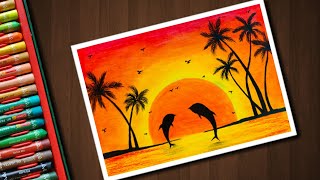 Dolphin Sunset scenery drawing with Oil Pastels for beginners  step by step [upl. by Atikahs285]