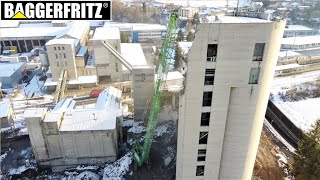 INSANE wrecking ball demolition with Sennebogen 6130E  drone view [upl. by Aneekahs]