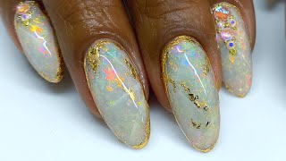 White Opal Gel Nail Tutorial  Made with REAL Opal  Gemstone Nail Art  Gold Leaf Nails [upl. by Eitirahc]