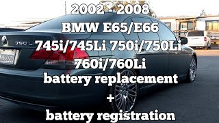 2002  2008 BMW E65E66 battery replacement  battery registration 745iLi 750iLi 760iLi [upl. by Alphard]