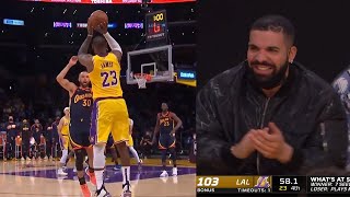 LeBron James hit a logo three over Steph Curry and Drake is impressed👀 GSW vs Lakers [upl. by Garson9]