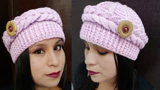 Como tejer la Boina N° 23 a crochet para niñas y mujer en punto trenza en relieve paso a paso [upl. by Anilahs185]