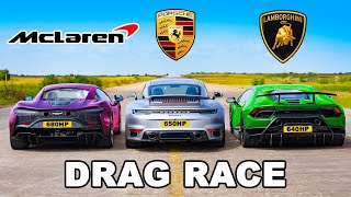 McLaren Artura v Lambo Perf v Porsche 911 Turbo DRAG RACE [upl. by Menard]