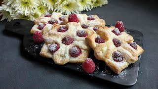 Puff Pastry Pastries with Cream Cheese and Raspberry 🍓 Light amp Delicious 😊 [upl. by Ayatnwahs]