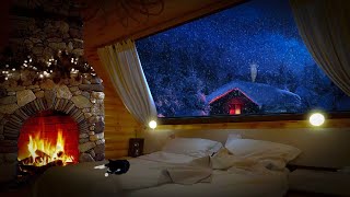 Cozy winter hut ambience amp cat  Fireplace sounds and snowfall [upl. by Liesa755]