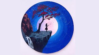 A girl with Butterflies in Moonlight  Moonlit night scenery painting tutorial for beginners Art [upl. by Oivaf602]