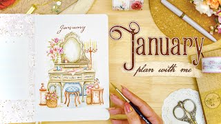 January 2025 Bullet Journal Setup  GIVEAWAY • PLAN WITH ME 🪞 Vintage Vanity Theme with Watercolors [upl. by Dranal]