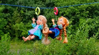 Zipline  Elsa amp Anna toddlers  Barbie  fun adventure  Lego [upl. by Elton]