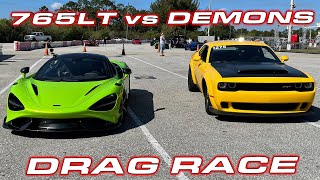 McLaren 765LT vs 1200HP and Stock Dodge Demons 14 Mile DRAG RACE [upl. by Anoek]