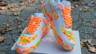 HOW TO SPLATTER SHOES  CUSTOM NIKE Air Force 1s  SUPER SIMPLE NEON DESIGN QUICK amp EASY METHOD🔥 [upl. by Surazal]