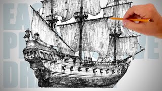 How to draw pirate sailing ship Black Pearl  Easy Perspective Drawing 38 [upl. by Lordan]