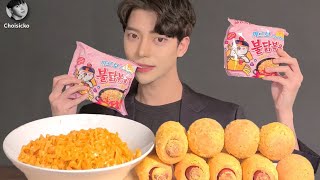 SUB까르보 불닭볶음면 뿌링치즈볼 뿌링핫도그 먹방 ASMR MUKBANG Korean Spicy Noodles Cheese Ball Hot Dog eating show [upl. by Harms]