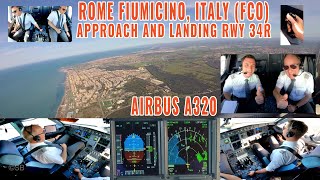 ROME FCO  Pilots  cockpit view of an Airbus A320 approach and landing runway 34R   charts view [upl. by Varini]