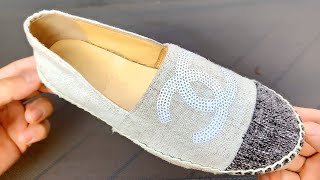 ASMR CLEAN AND REPAIR CHANEL ESPADRILLES BEIGEBLACK WITH WHITE SEQUINS CC [upl. by Ashlie]