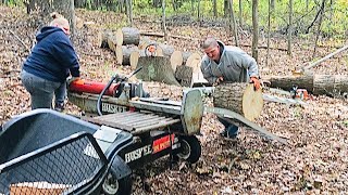 How to split large amp heavy oak firewood round in woods using Huskee Log Splitter [upl. by Ycram]