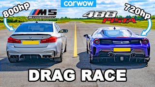 BMW M5 800hp v Ferrari 488 Pista  DRAG RACE [upl. by Merriam]