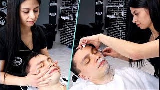 ASMR Head and face massage and premium shaving in Russian barbershop by female barber [upl. by Crispen]