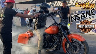 INSANELY POWERFUL HARLEY DAVIDSON BAGGER NEARLY FLIPS OVER BACKWARDS AT MOTORCYCLE DRAG RACE [upl. by Annazor]