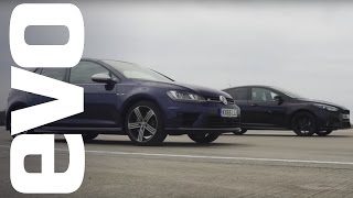 Ford Focus RS vs Volkswagen Golf R  which is fastest  evo DRAG BATTLE [upl. by Aistek]