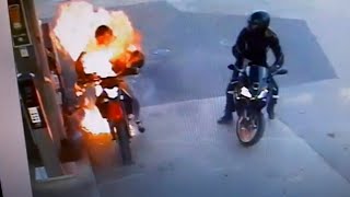 Motorcycle Catches Fire at Petrol Station [upl. by Steinberg648]