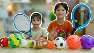 Learn the Names of Sport Balls for Kids with Tennis Racket Toy  Fun Sports Ball Learning [upl. by Aivull]