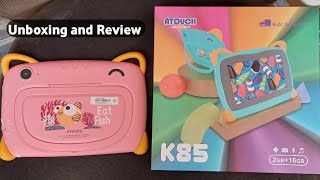 Atouch K85 kids tablet unboxing and review  kids android tablet specifications and price [upl. by Akerdna]