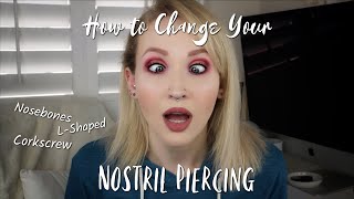 HOW TO CHANGE YOUR NOSTRIL PIERCING  Nosebone LShaped amp Corkscrew [upl. by Ppilihp]