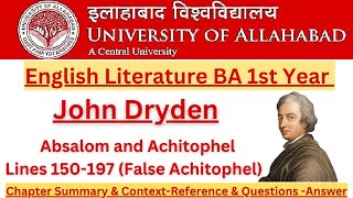 John Dryden  Absalom and Achitophel Lines 150197  False Achitophel  Summary in Hindi [upl. by Tillion]