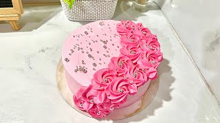 Cascading Pipped Rosette in Cake Idea  HalfMoon Decoration  Pink Rosette in Pink Cake Design fyp [upl. by Harald]