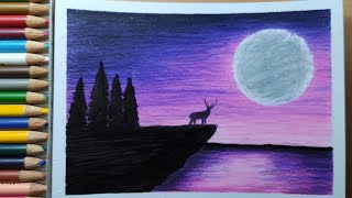 Simple moonlight drawing ideas with color pencil 04 [upl. by Bob]