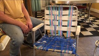 How to ReWeb an old antique aluminum lawn chair ribbon or straps Refurbish Repair Furniture [upl. by Nerwal376]