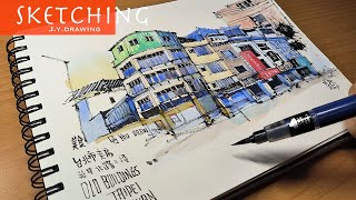 Sketching and Painting Street Old Buildings with Brush Pen amp Simple Watercolor [upl. by Hgielsel289]